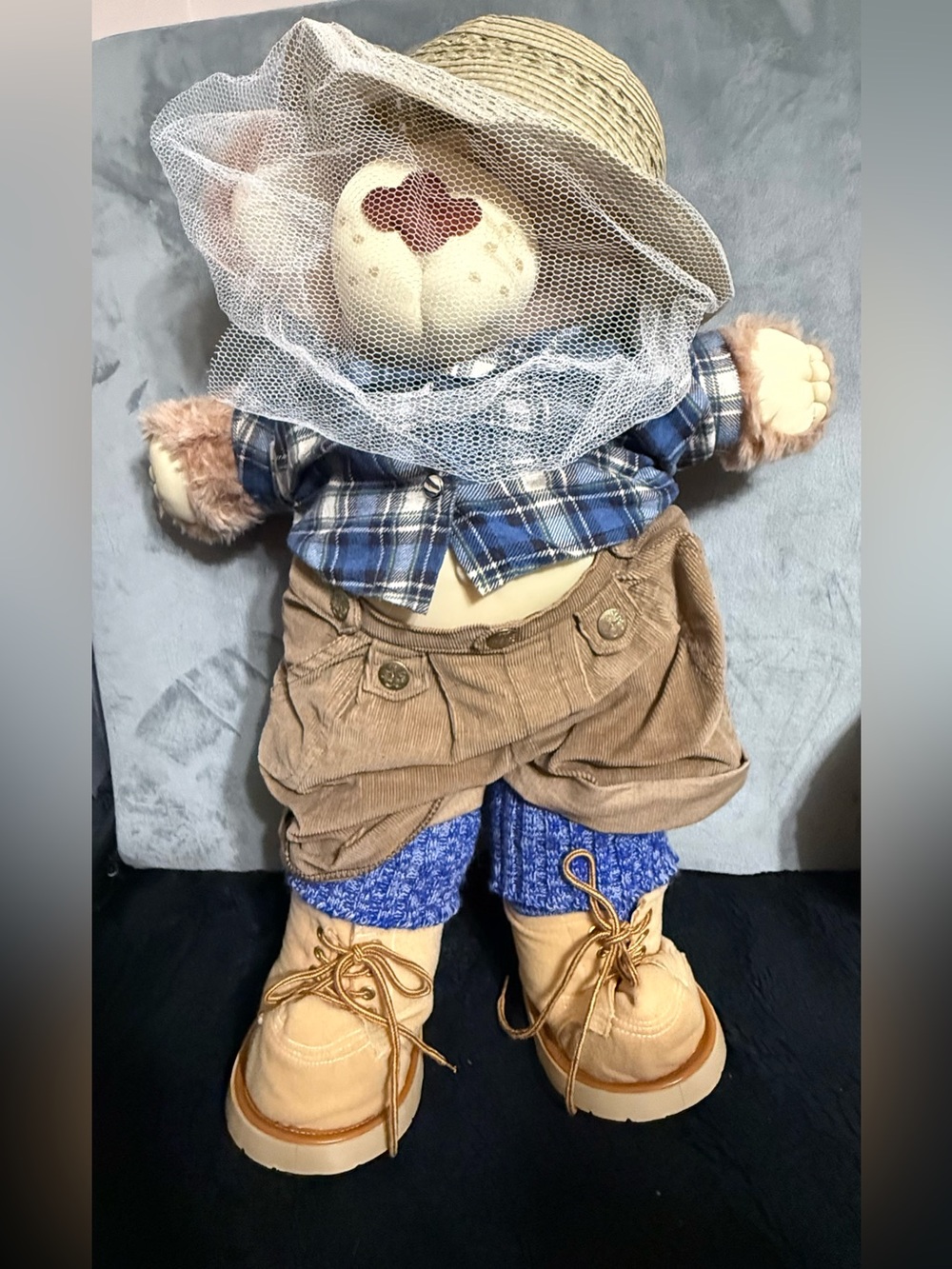 Furskins Boone the Beekeeper Plaid Bear Plush Blue & Brown 22”